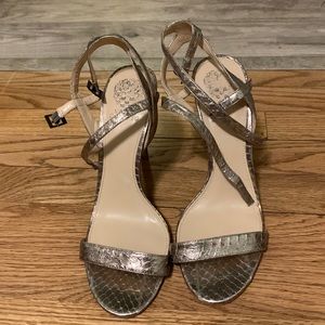 Vince Camuto open toe metallic snake skin heels